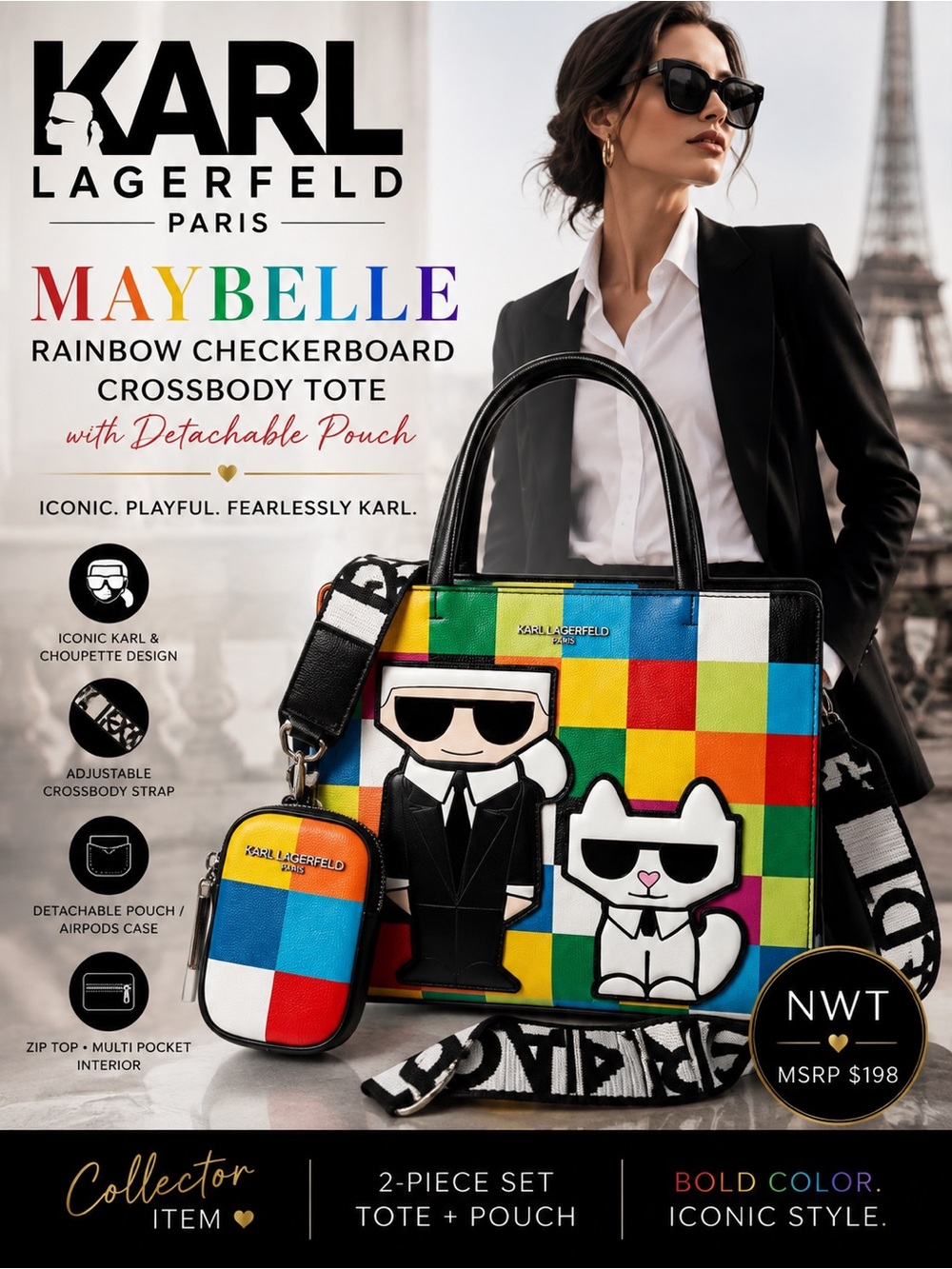 Karl Lagerfeld Paris Maybelle Rainbow Tote Crossbody Bag NWT With Pouch